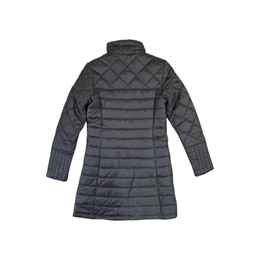 Grey Radalie Parka by Patagonia with quilted diamond pattern, long sleeves, and standing collar.
