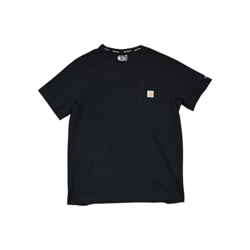 Black pocket T-shirt by Carhartt with a small logo patch on the pocket and branded neck tape.