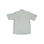 Green button-down shirt for men by Simms, featuring a plaid pattern, and short sleeves.