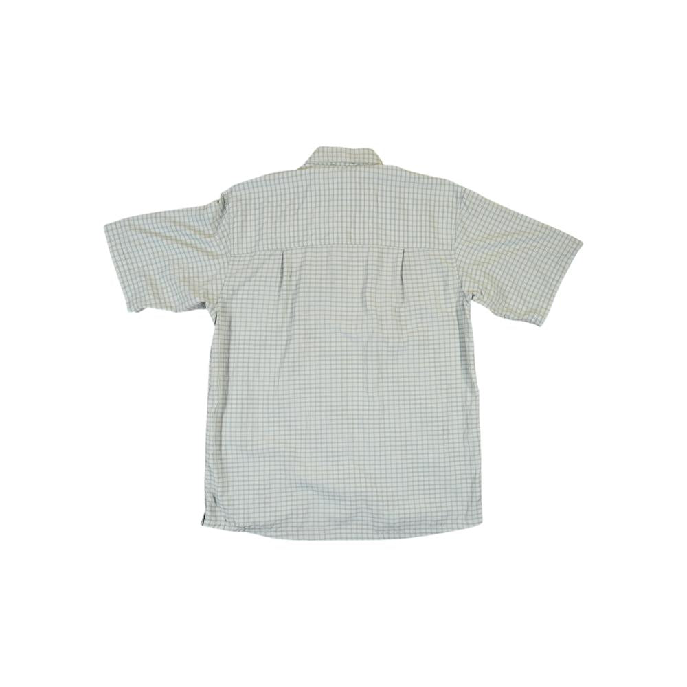Green button-down shirt for men by Simms, featuring a plaid pattern, and short sleeves.
