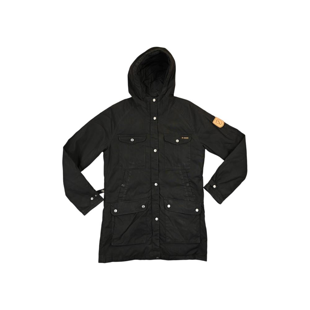 Black insulated jacket by Fjallraven, with a hood, front pockets, and button closure.