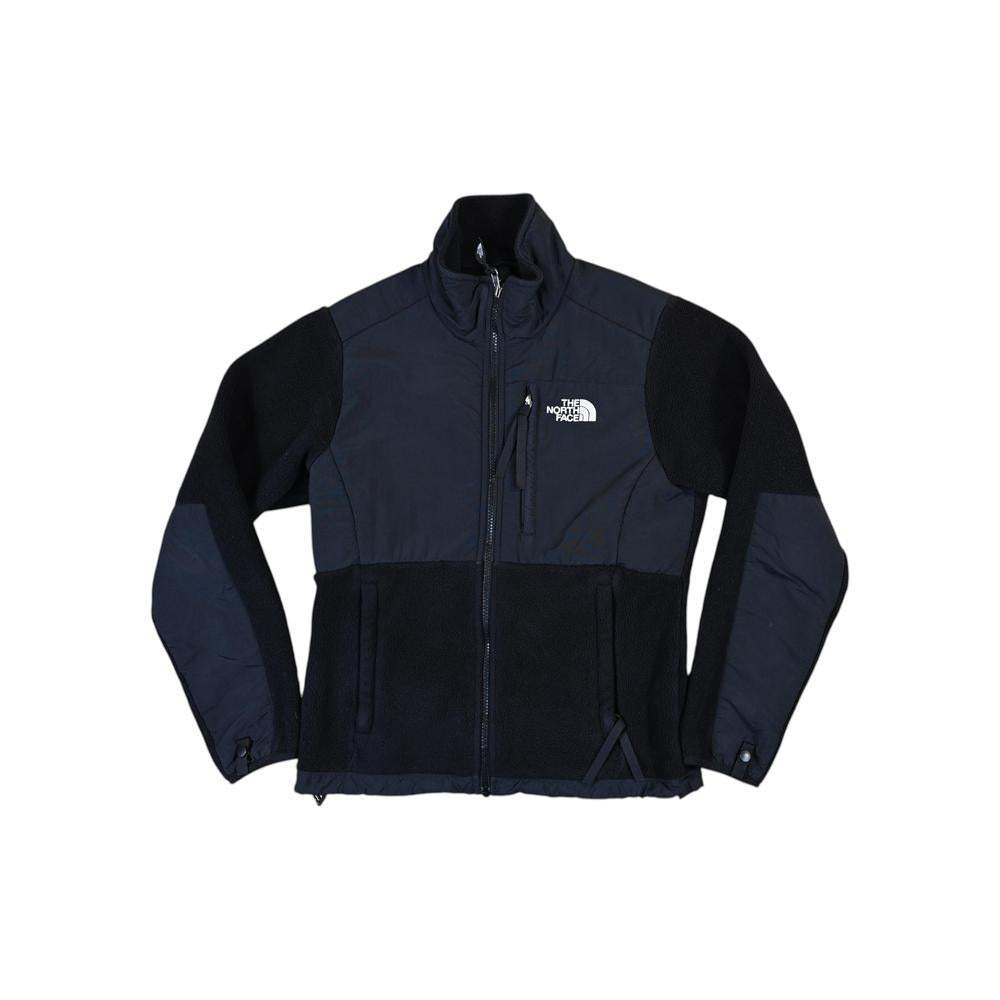 Black fleece jacket by North Face with front zipper, chest logo, and dark panels.