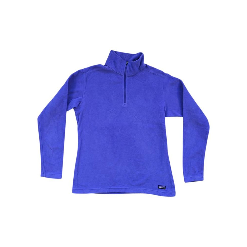 Purple fleece jacket by Patagonia with a quarter zipper and long sleeves.