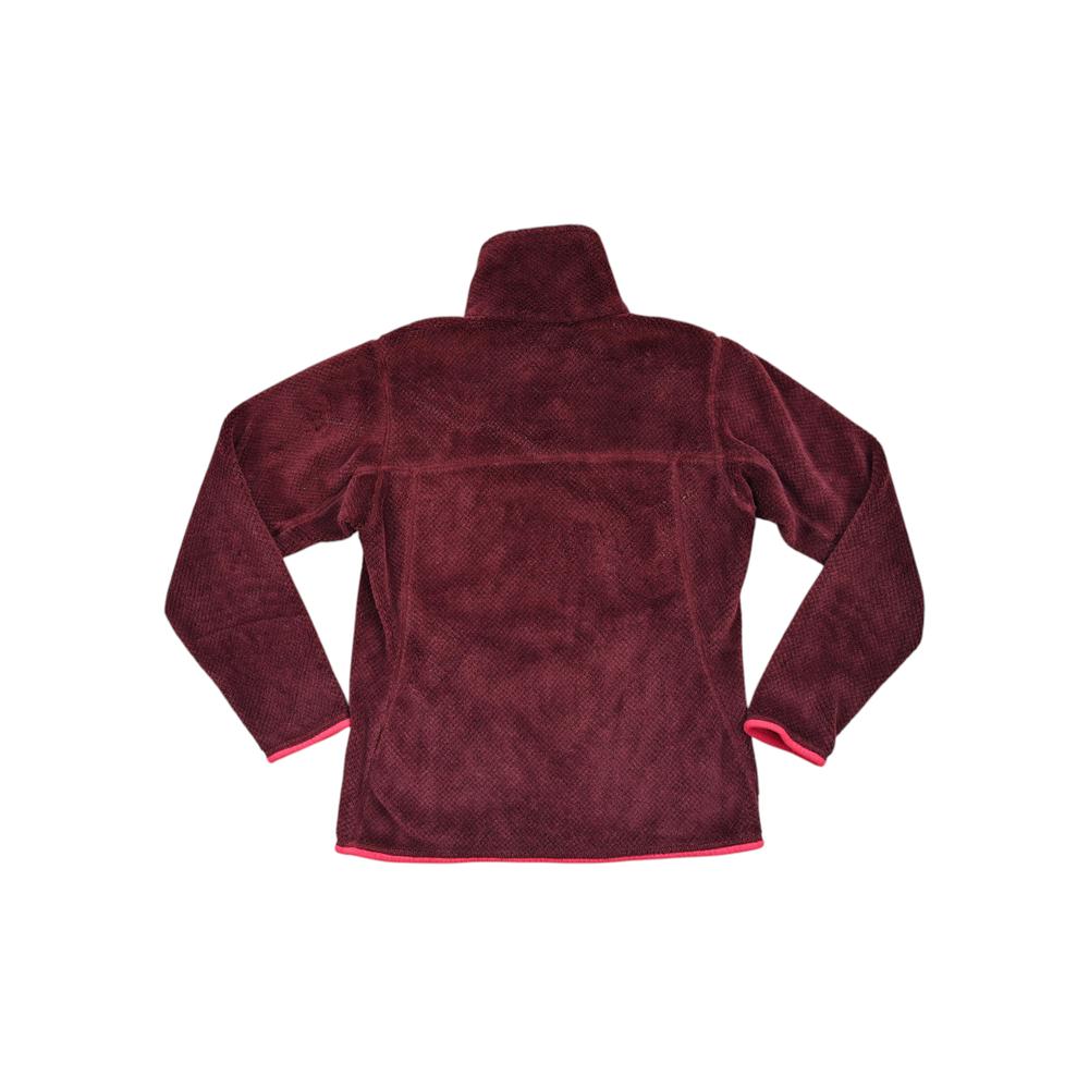 Maroon fleece pullover by Patagonia with pink trim, shown from the back.