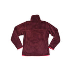 Maroon fleece pullover by Patagonia with pink trim, shown from the back.
