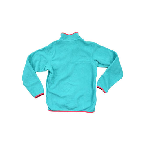 Teal fleece pullover by Patagonia with pink trim on the collar and cuffs.