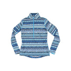 Blue baselayer shirt by Nike, featuring quarter zip and allover patterned print.
