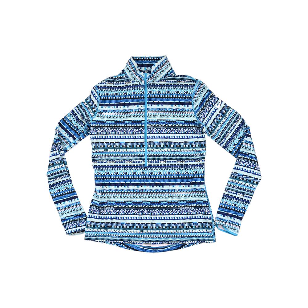 Blue baselayer shirt by Nike, featuring quarter zip and allover patterned print.

