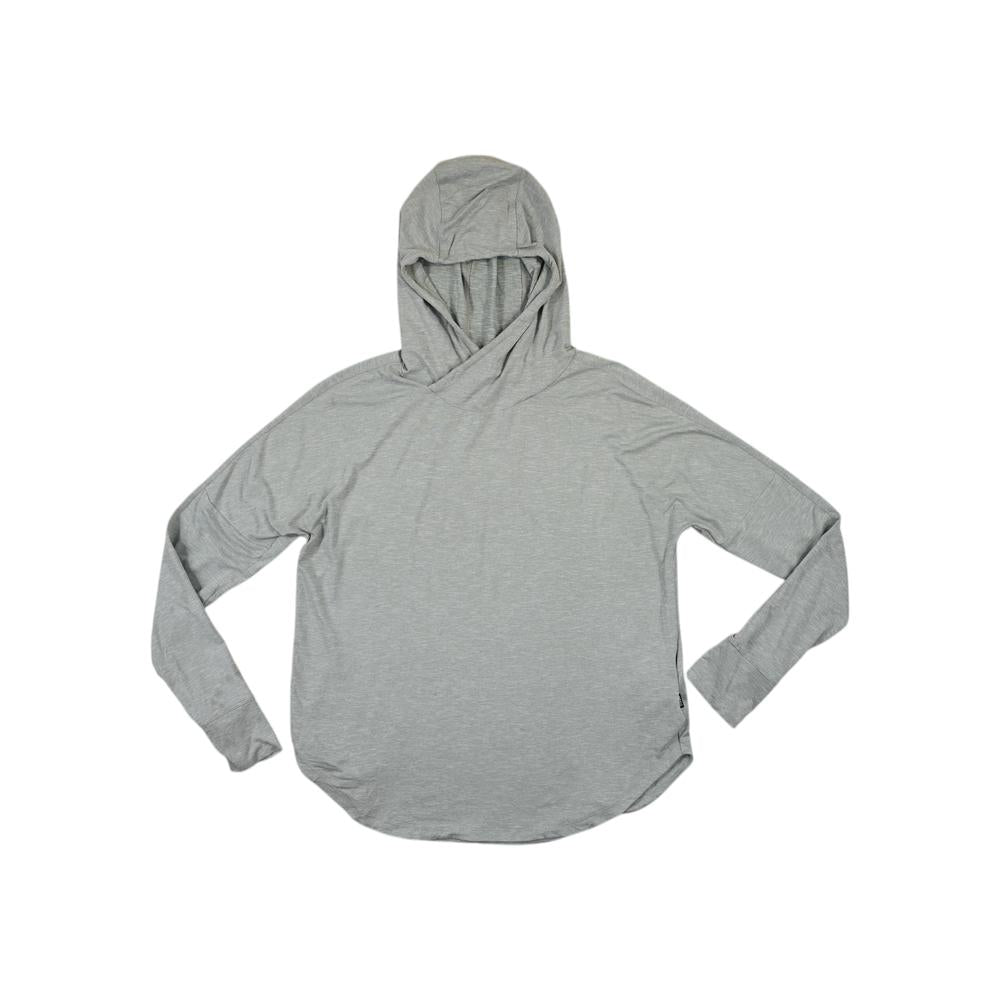 Green long sleeve sun hoodie by REI, featuring a hood and curved hem.