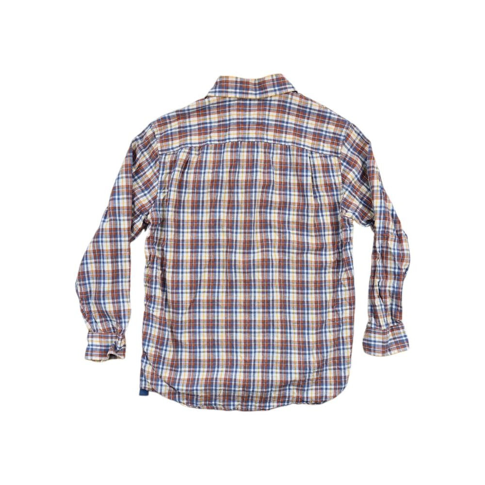 Blue long-sleeve shirt made from hemp cotton by REI, featuring a plaid pattern.
