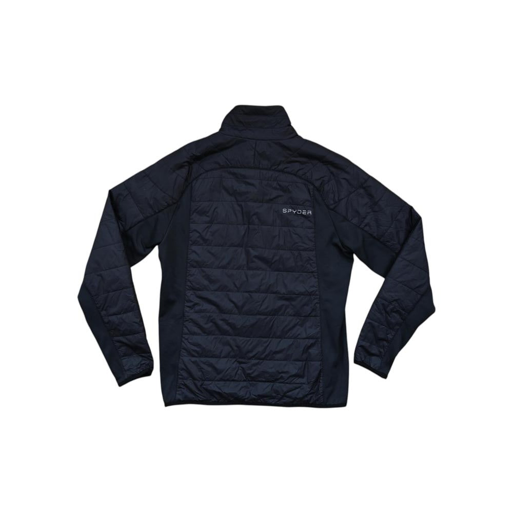 Black insulator jacket for men by Spyder, featuring a quilted pattern and contrasting side panels.