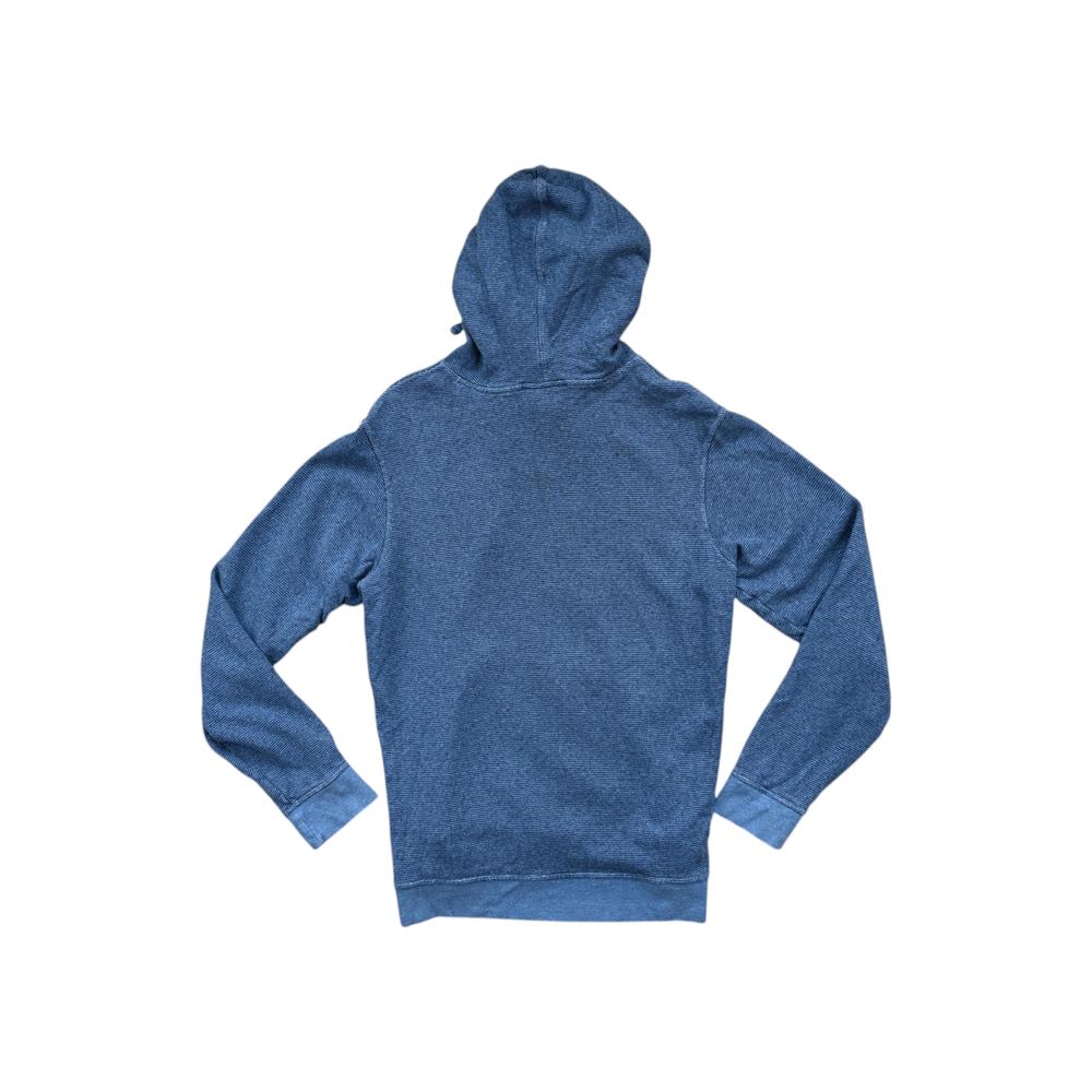 Blue hemp hoody by Patagonia with a textured heathered finish, back view.