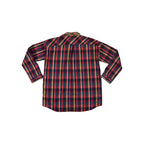 Plaid flannel long sleeve shirt by Burton, in red and yellow, seen from the back.