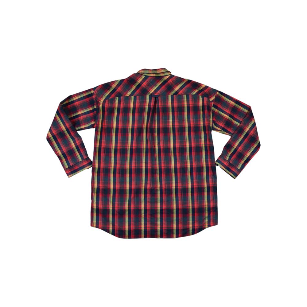 Plaid flannel long sleeve shirt by Burton, in red and yellow, seen from the back.
