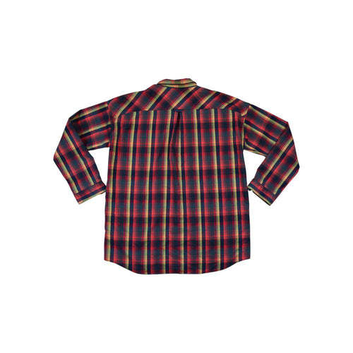 Plaid flannel long sleeve shirt by Burton, in red and yellow, seen from the back.