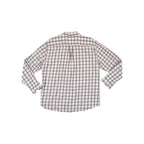 Grey and brown plaid long-sleeve shirt by Patagonia, back view.