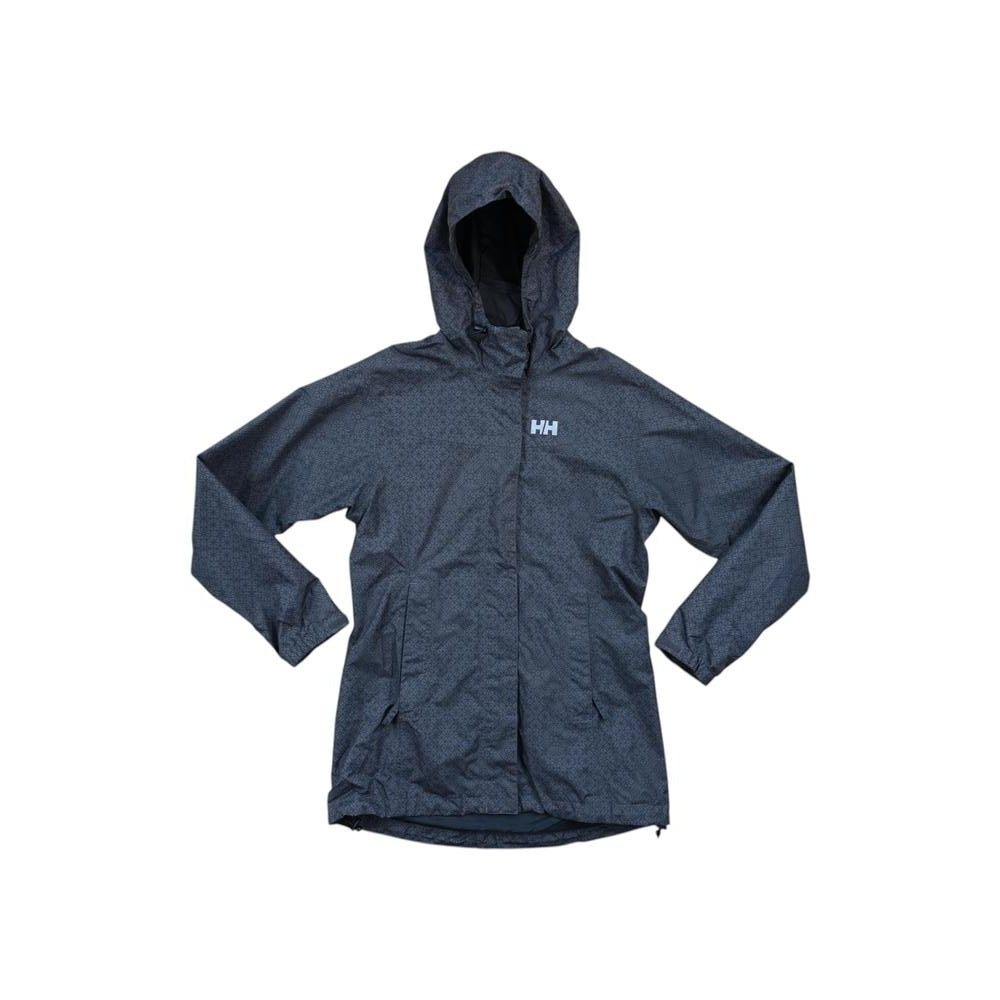 Grey rain shell jacket by Helly Hansen, with a hood and diamond-patterned design.