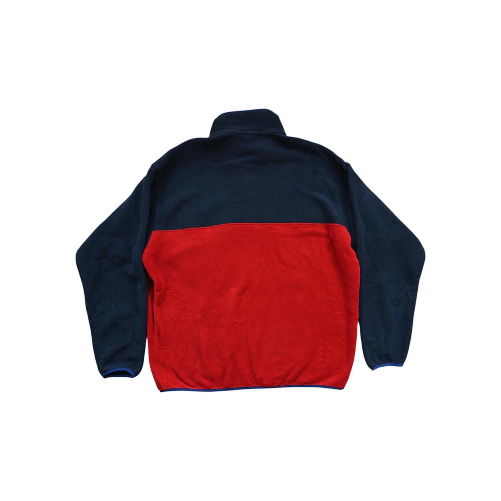 Red and navy fleece pullover by Patagonia, back view, with long sleeves and a mock neck collar.