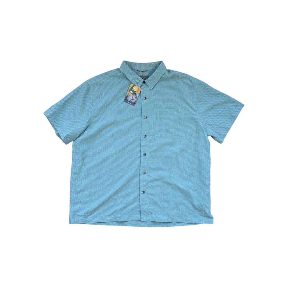 Teal button-down shirt by Royal Robbins with short sleeves and subtle checkered pattern.