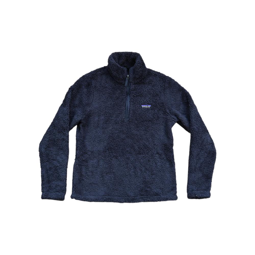 Navy fleece quarter-zip pullover by Patagonia with a soft, fuzzy texture.