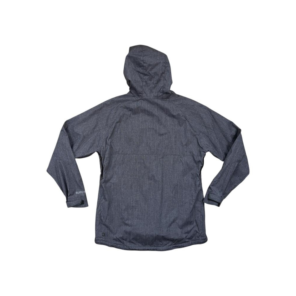 Grey hooded softshell jacket by Burton with long sleeves, shown from the back.