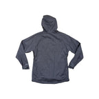 Grey hooded softshell jacket by Burton with long sleeves, shown from the back.