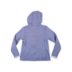 Purple fleece jacket by North Face, with a full zip and hood, shown from the back.