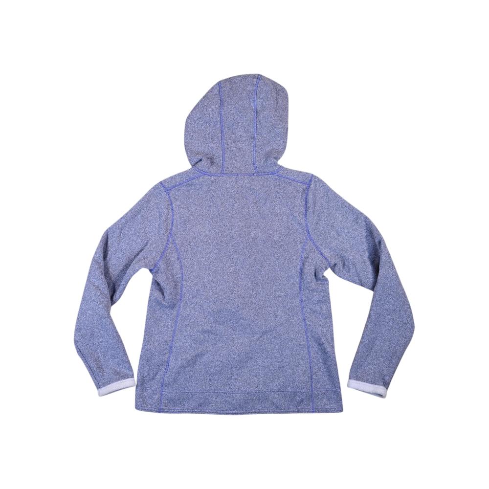 Purple fleece jacket by North Face, with a full zip and hood, shown from the back.