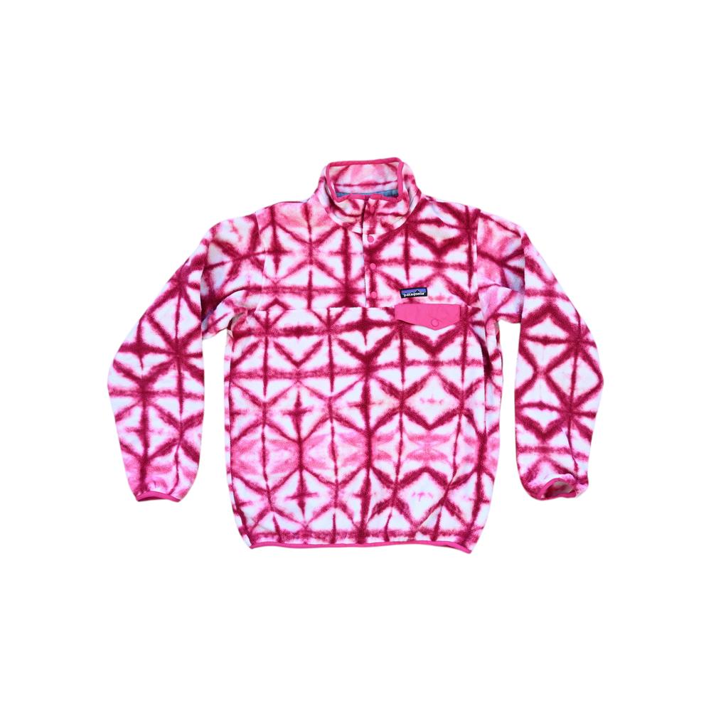 Pink fleece pullover by Patagonia, featuring a tie-dye pattern and chest pocket detail.