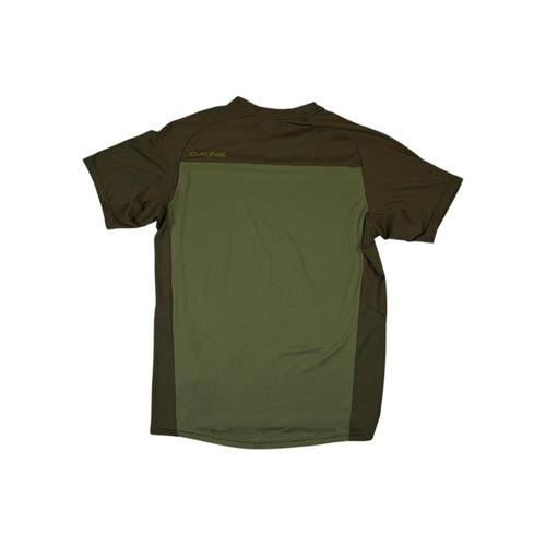Green active shirt by Dakine with short sleeves and color block construction.