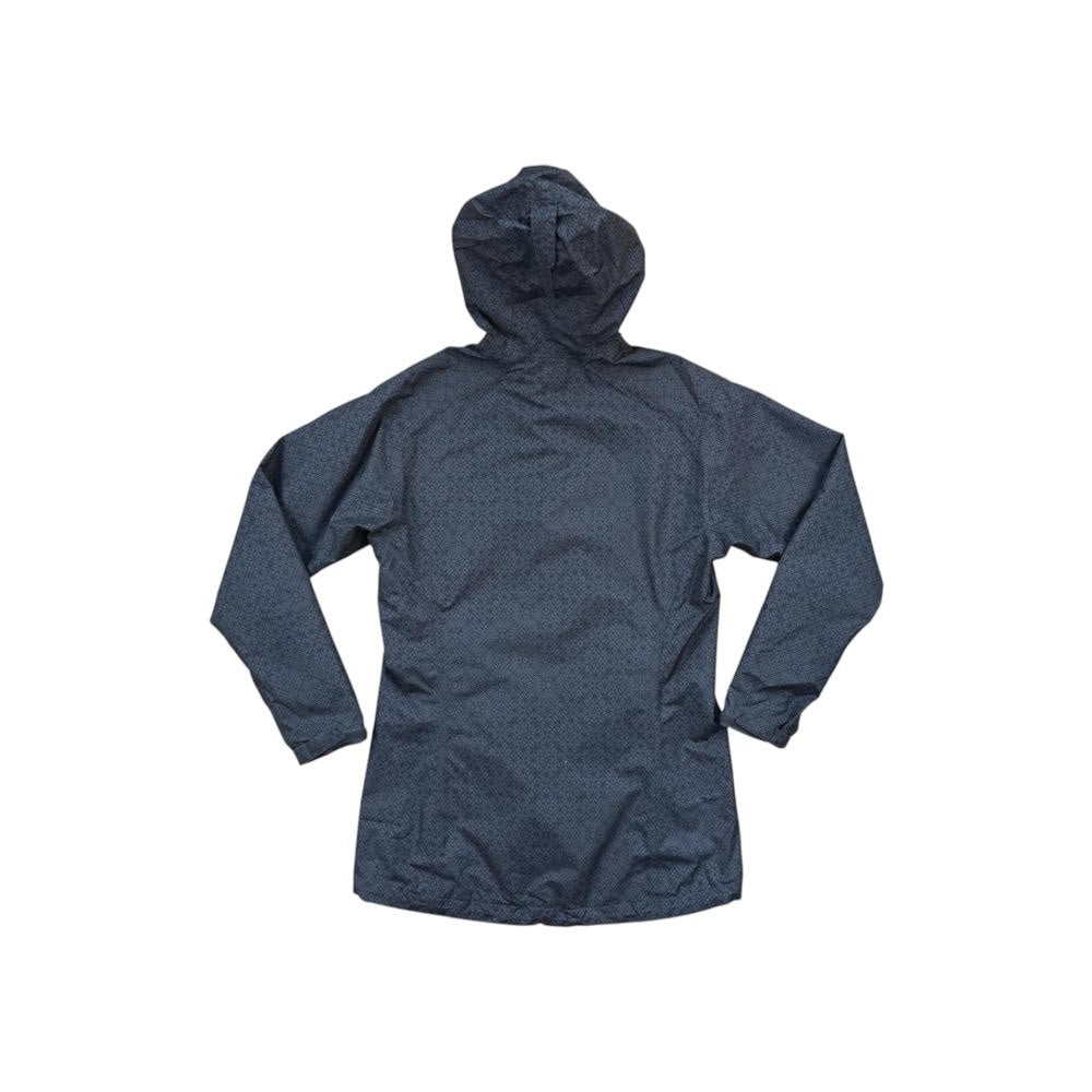 Grey rain shell jacket by Helly Hansen with an all-over pattern and a hood, back view.