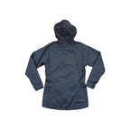 Grey rain shell jacket by Helly Hansen with an all-over pattern and a hood, back view.