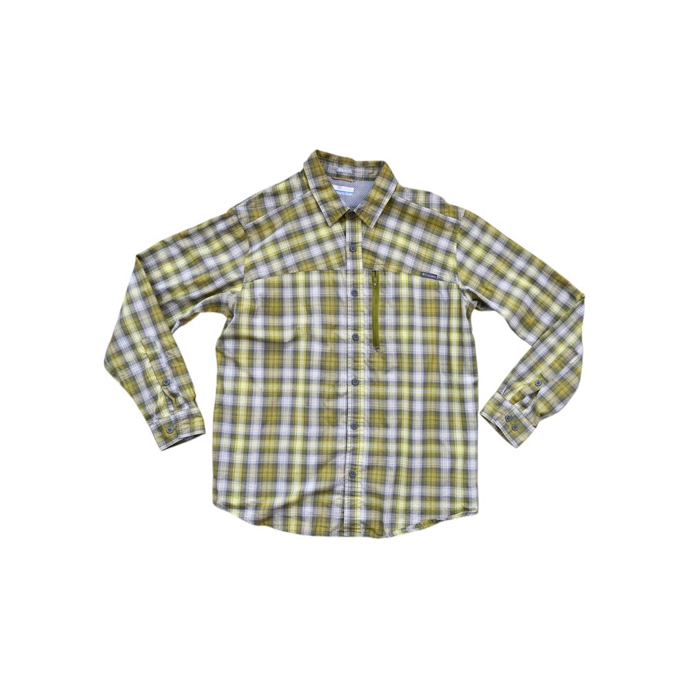 Green and yellow plaid long sleeve shirt by Columbia, featuring a zippered chest pocket.
