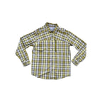 Green and yellow plaid long sleeve shirt by Columbia, featuring a zippered chest pocket.
