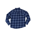 Blue flannel long sleeve shirt by Woolrich with a plaid pattern, shown from the back.