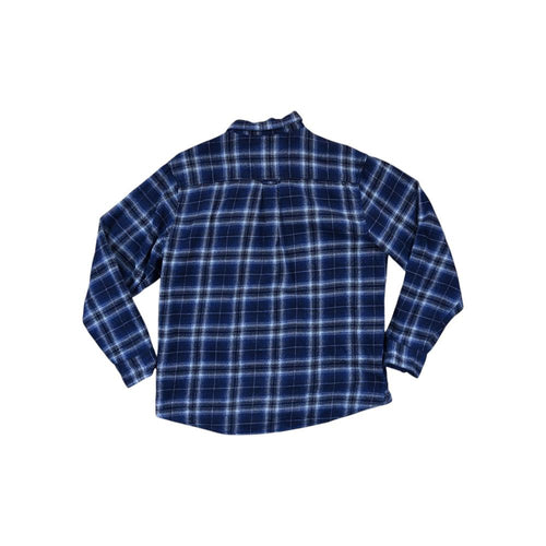 Blue flannel long sleeve shirt by Woolrich with a plaid pattern, shown from the back.