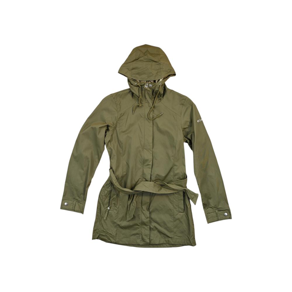 Green rain shell jacket with belt by Columbia, featuring a hood and long sleeves.