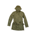 Green rain shell jacket with belt by Columbia, featuring a hood and long sleeves.