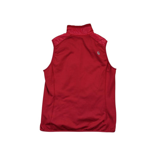 Red vest by Marmot, with a quilted upper section and stand up collar.