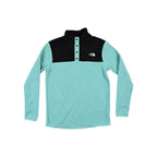 Blue fleece button up by North Face with a black upper section and a high neck.