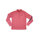 Pink long sleeve shirt by Columbia with a quarter zip and blue logo on the sleeve.
