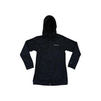 Black trench rain shell jacket by Columbia, with a hood and front zipper.