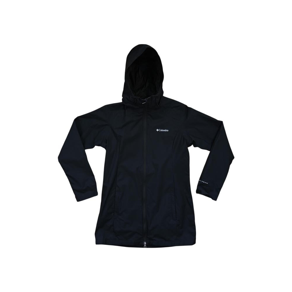 Black trench rain shell jacket by Columbia, with a hood and front zipper.