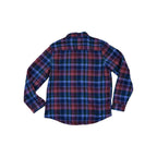 Purple and blue plaid flannel long-sleeve shirt by LL Bean, fleece-lined, back view.