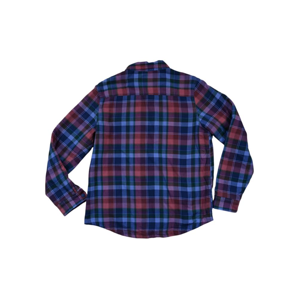 Purple and blue plaid flannel long-sleeve shirt by LL Bean, fleece-lined, back view.