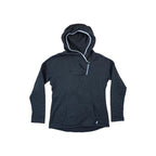 Grey fleece pullover by Stio with a hood, front pocket, and quarter-zip closure.