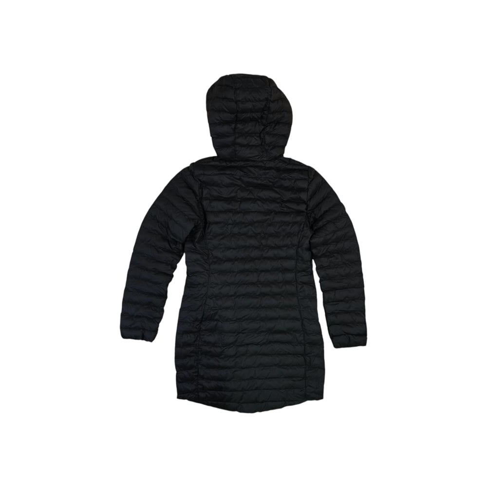 Black insulated parka jacket by Columbia in XXS, shown from the back with an attached hood.