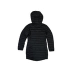 Black insulated parka jacket by Columbia in XXS, shown from the back with an attached hood.