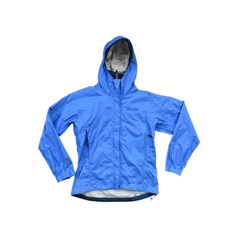 Blue rain shell jacket by Marmot with a hood, front zipper, and long sleeves.
