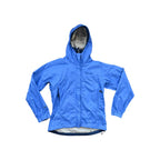 Blue rain shell jacket by Marmot with a hood, front zipper, and long sleeves.